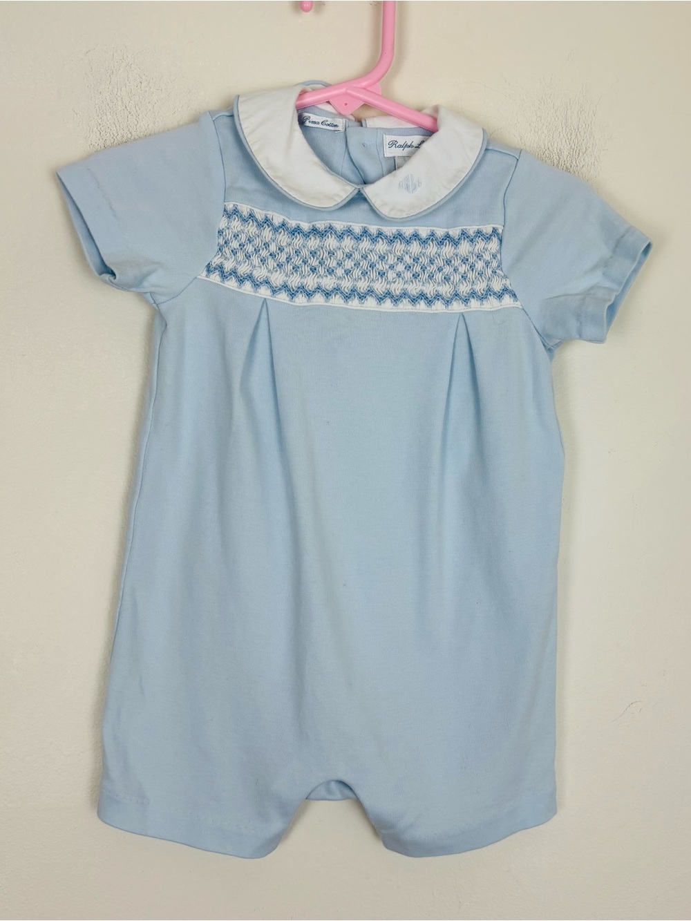 Ralph Lauren blue Pima cotton romper Peter Pan collar smocking. 6 months